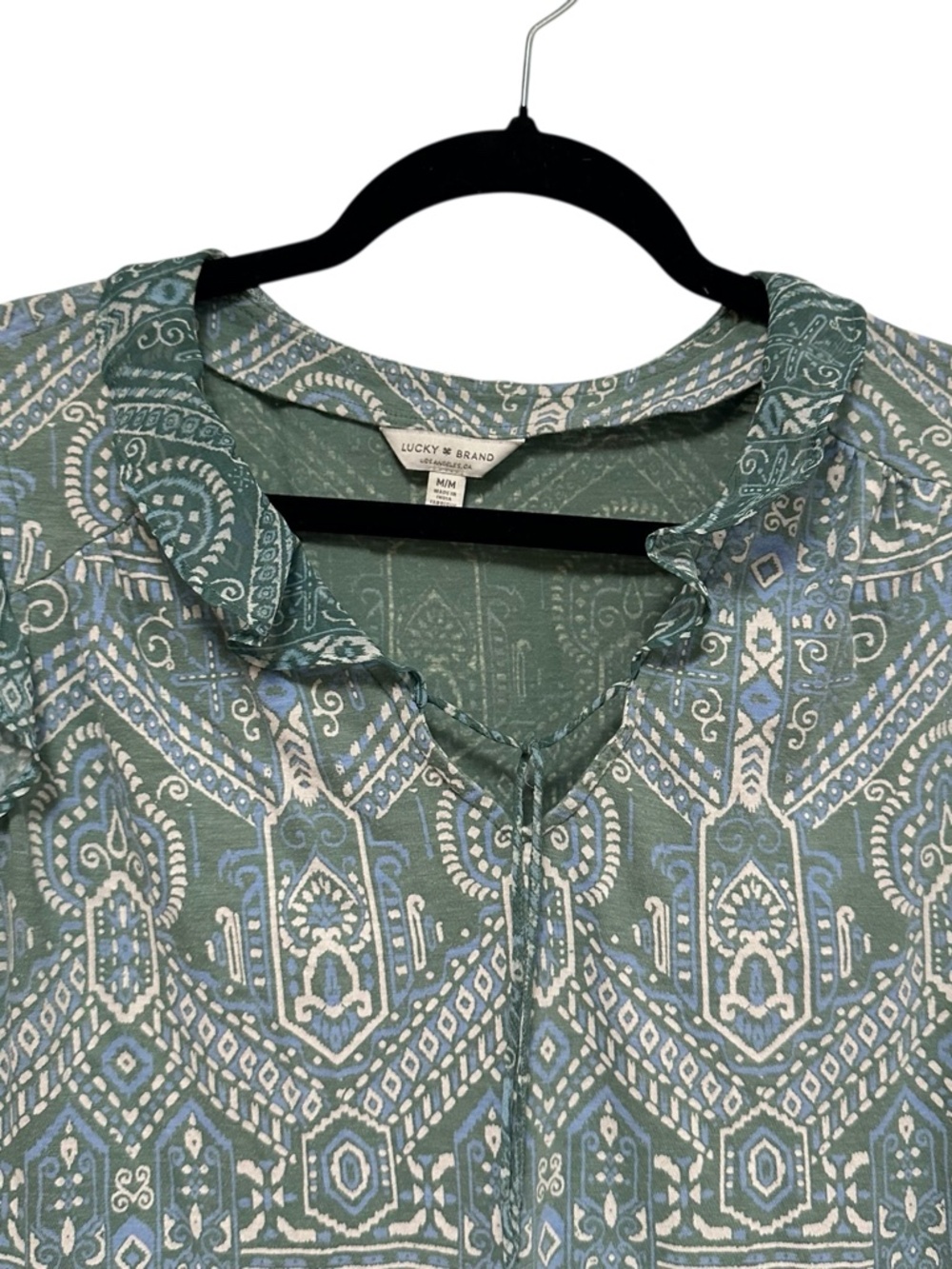 Lucky Brand Green Blue Mosaic Print Ruffle Flutter Sleeve Boho Top Medium - Picture 4 of 9